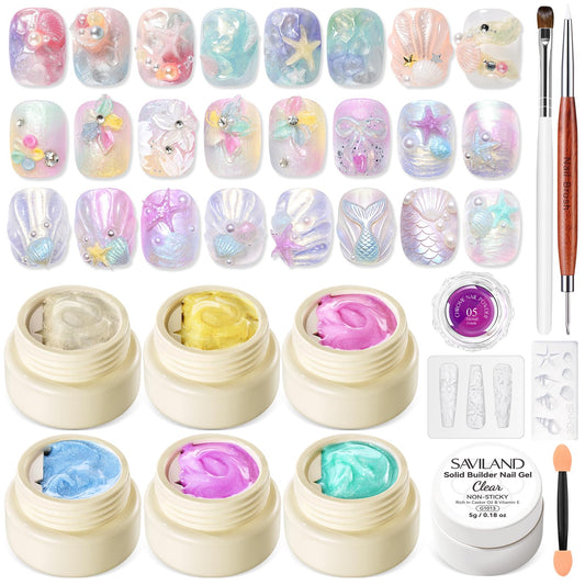 SAVILAND 3D Gel Nail Art Set: 6 Colors Dreamy Aurora 3D Nail Gels No Wipe Sculpting Gel for Nail Art with Clear Solid Builder Gels Chrome Powder Silicone Mold for Nails Design Home Salon Manicure DIY
