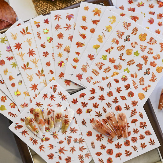 12 Sheets Fall Maple Leaves Nail Stickers Jelly Golden Fallen Leaves 5D Nails Decals Self-Adhesive Thanksgiving Nail Art Supplies for Women Girls DIY Manicure Decorations