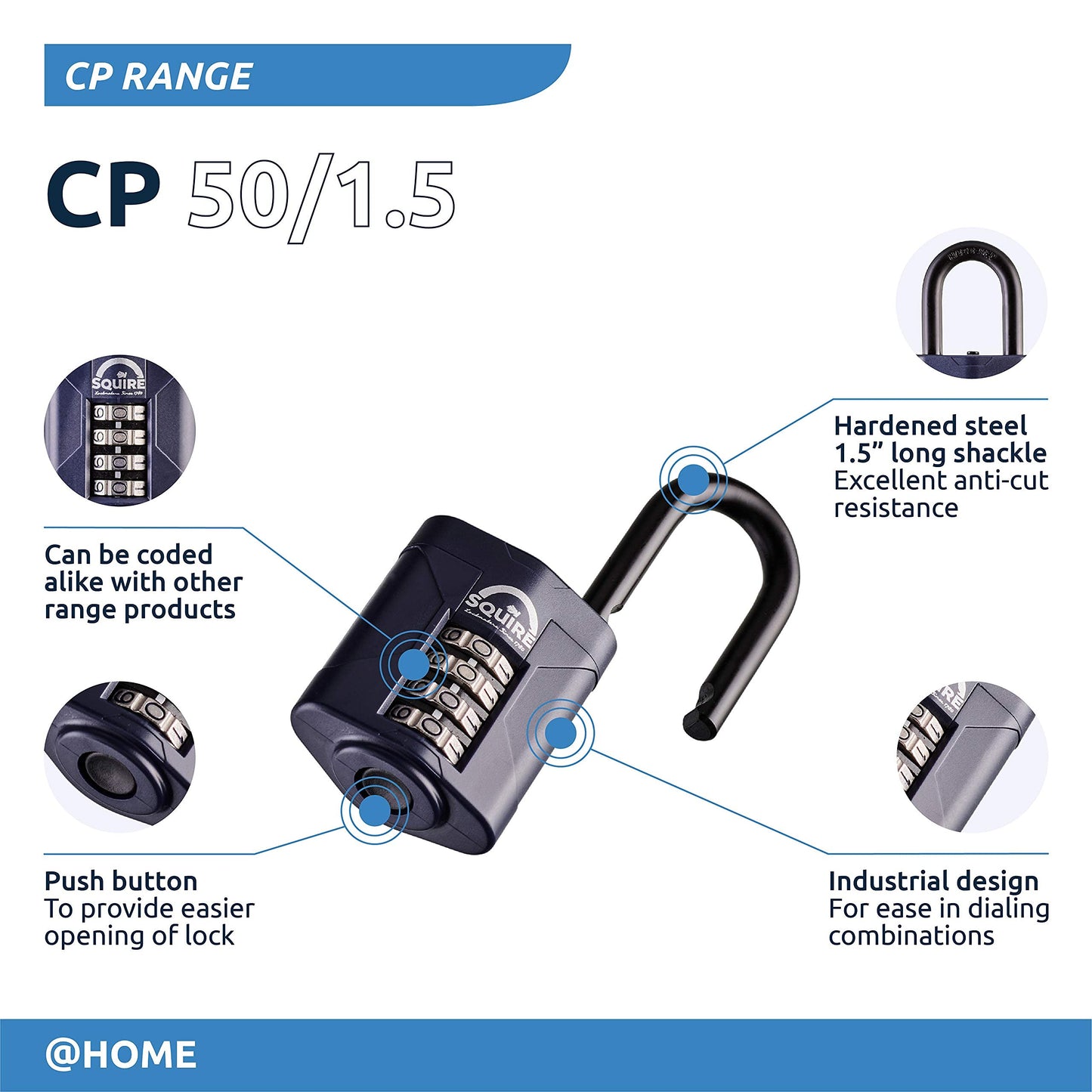 Squire Combination Padlock. Weatherproof Hardened Steel Shackle Recodable Padlock. (4 Wheel - 50mm Long Shackle (1.5"))"