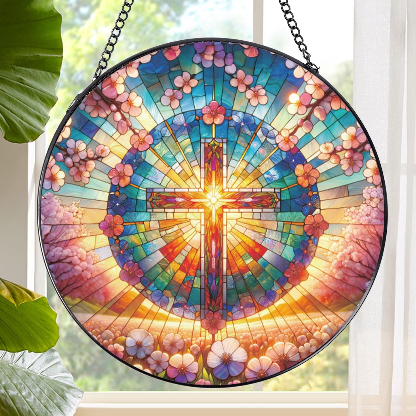 Rngmsi Cross Stained Glass Window Hanging, 7.8â³ Sun Catchers with Hook Indoor Window Decor, Decorative Suncatchers Home Garden Art Gift for Thanksgiving Christmas Housewarming