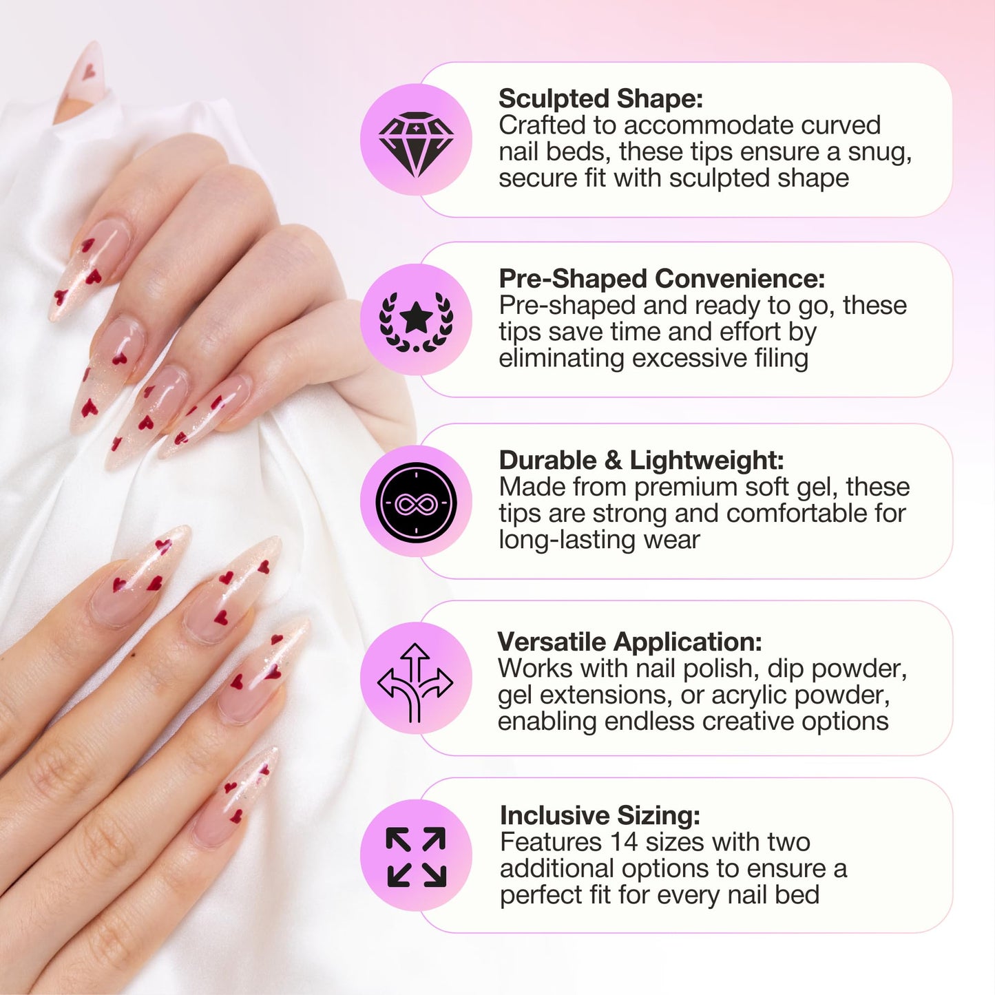 Curacoro Sculpted Short Stiletto Gel Nail Tips 420Pcs, Clear Full Cover Soft Acrylic Tips 14 Sizes, Easy to Use, Long-Lasting, Glossy Finish