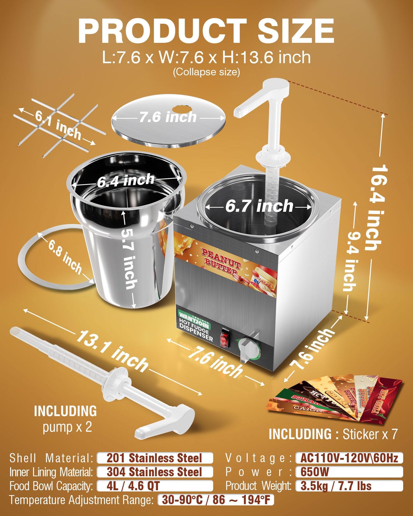 WantJoin 4.6Qt Nacho Cheese Dispenser with Pump - Nacho Cheese Warmer,Stainless Steel Hot Fudge Warmer W/5-Level Temperature Adjustment,Hot Fudge Dispenser for Hot Fudge Cheese Caramel