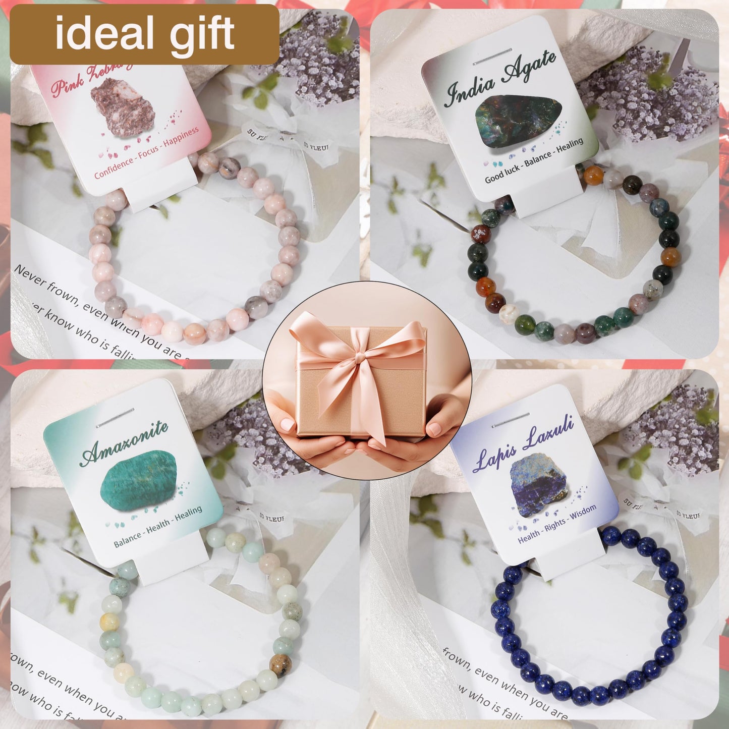 BOMAIL 9pcs Healing Stone Bead Bracelet for Women 6mm Natural Stone Beaded Bracelets Set Gemstones Spiritual Crystal Beads Stretch Bracelets with Meaning Card A Style