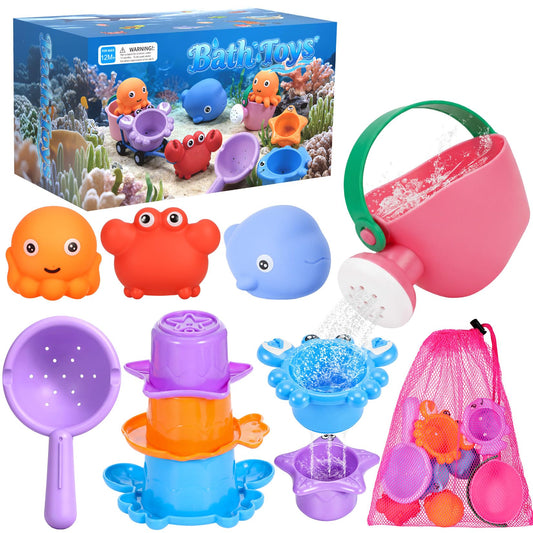 9 PCS Baby Bath Toys for Kids Ages 1-3, Toddler Bath Toys for 2-4 with 3 No Hole Squeezing Marine Animals Toys, Bathtub Beach Sand Water Table Toys for 1 2 3 Years Old Girls Boys Gifts