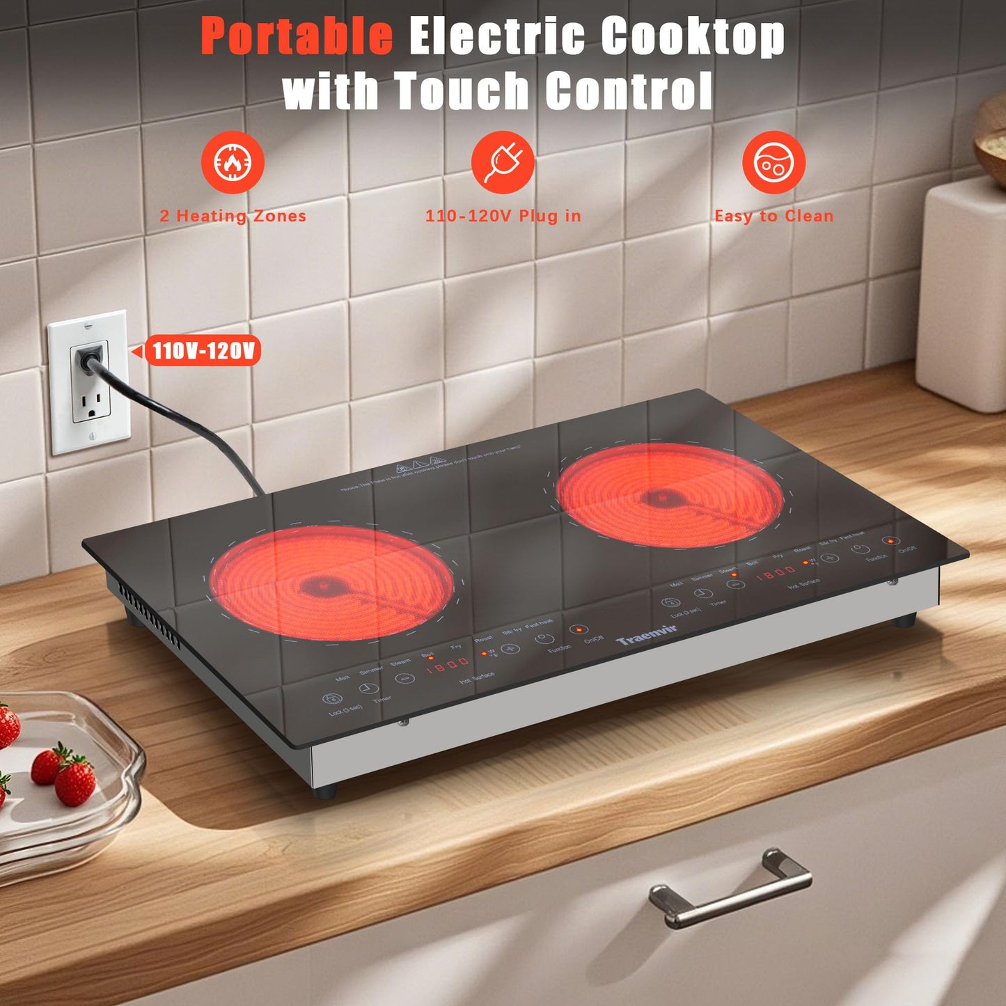 Traenvir 2 Burner Electric Cooktop, Two Burner Ceramic Cooktop 2000W, 24 Inch Countertop & Built-in Electric Stove top for Camping, Outdoor, Child Lock, Timer, 8 Power Levels, 110V-120V Plug in, Blue