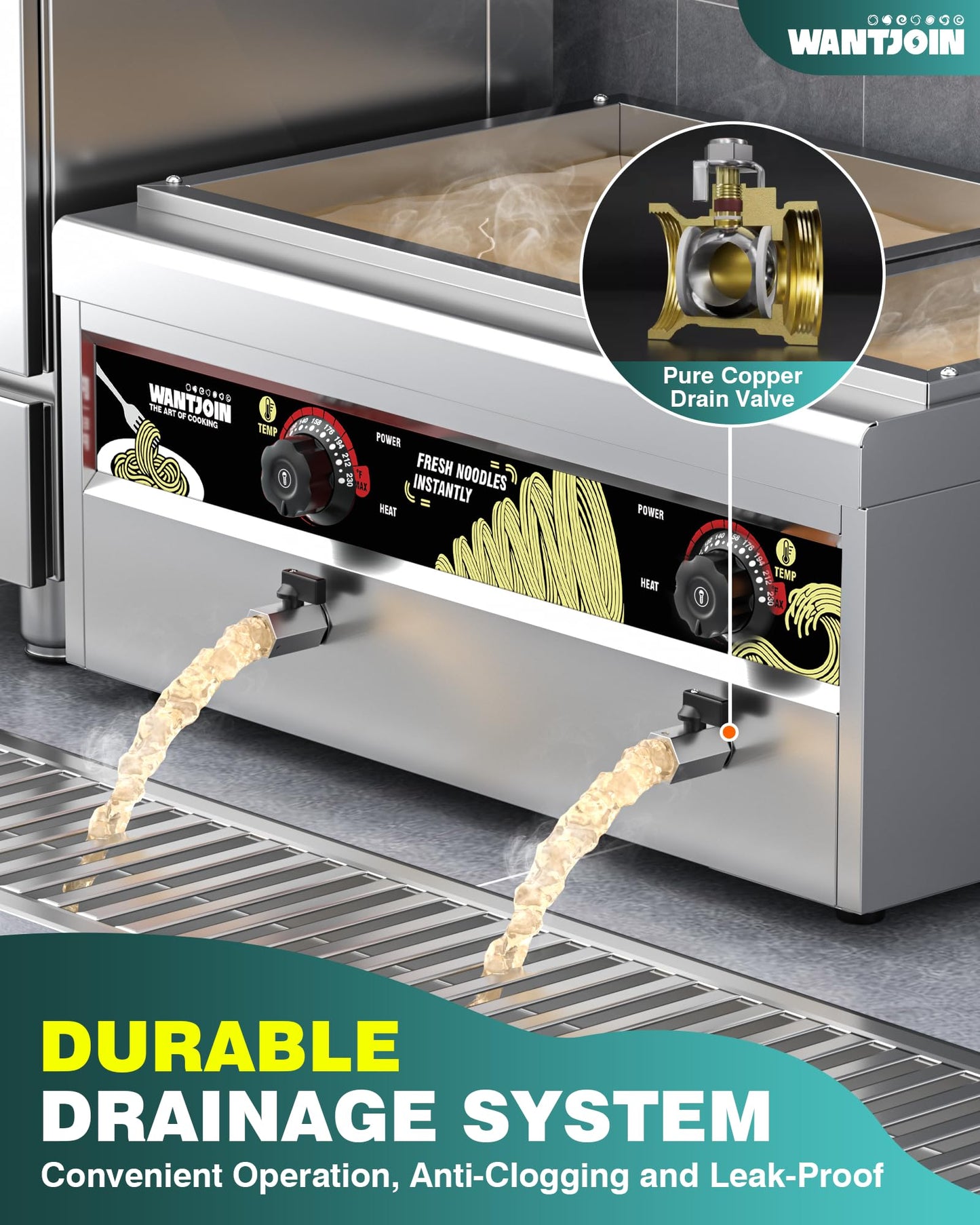 WantJoin Commercial Pasta Cooker - Electric Pasta Cooker with 6 Noodle Strainers, Precision Temp Control 86°F to 230°F, Cooking Machine w/Drain Valve for Spaghetti Ramen, Noodles and Vegetables