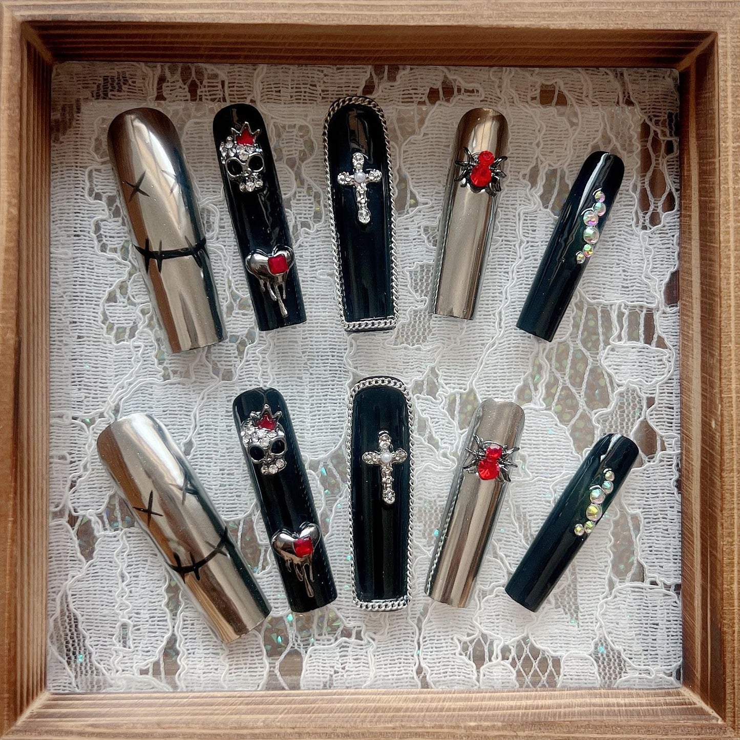 NAIL ANGEL 10PCS/SET Glamorous Handmade Press On Nails Dark Metal 3D Cross Spider Charms Red French Style Long Coffin Nails Party Nails XXL Long Artifical Tips ZJ-12 (ZJ12, S)