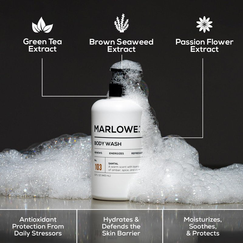 MARLOWE. Men's Body Wash, 15oz Pump, Energizing & Refreshing Shower Gel, Moisturizes, Nourishes, Clean Vegan Formula with Willow Bark & Green Tea Extracts, Warm Amber, Sandalwood & Citron Santal Scent