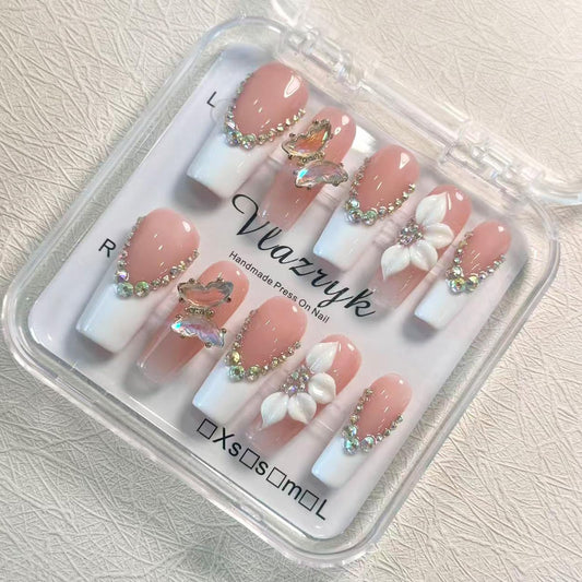 Luxury Handmade Press on Nails - Long Square White French Tips Press on Nail with Almond 3D Rhinestones, Flowers & Butterflies, Acrylic Multi-Layer Gel False Nails for Women (10Pcs Size M)