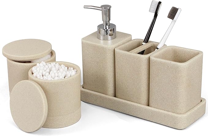 YMXYJM Bathroom Accessories Set, 6 Piece Bathroom Set with Toothbrush Holders, Soap Dispenser, Vanity Tray, Tumbler, Cotton Swab Jars, Bathroom Organizerï¼Bathroom Sink Sets, Stone Beige