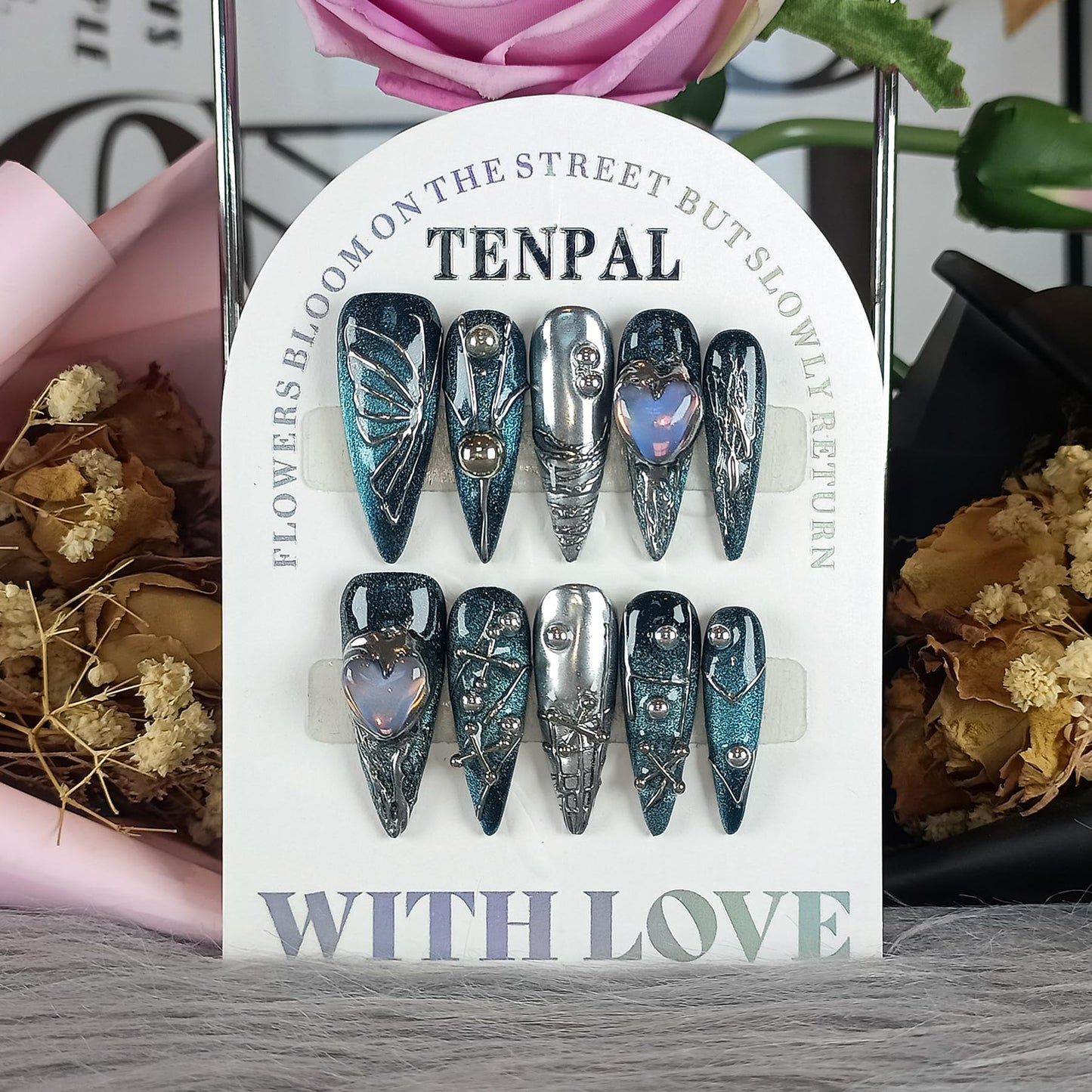 TENPAL Handmade Press on Nails Long Stiletto,Galaxy Ombre Blue-Black Fake Nails with 3D Butterflies Cross Beads Gem Stones,Edgy Y2K Metal Embossed Meteor Glitter Design Salon False Nail Kit 10pcs(M)