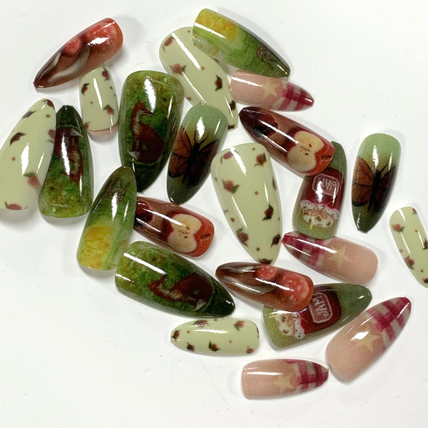 BABALAL Press On Nails, Medium Almond Fake Nails, Forest With Mushroom Apple & Butterfly, Colorful Anime Y2k Glue On Nails For Women And Girls 24Pcs