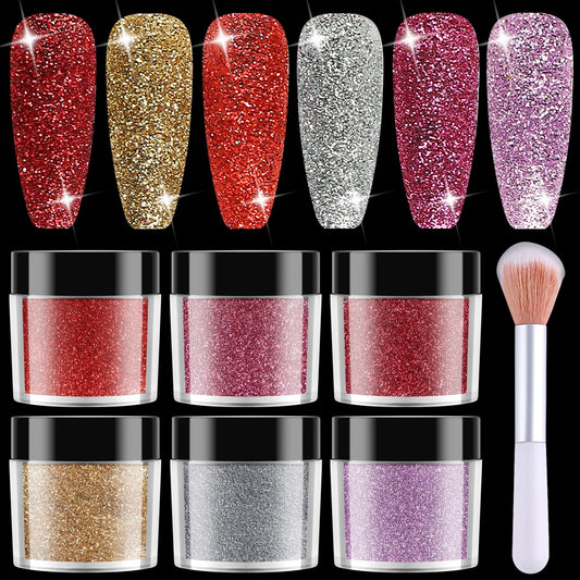 Furtherpretty 6 Colors Nail Glitter Powder Set, Gold Silver Red Purple Sparkle Dust with Brush, Chunky & Fine Glitter for Nail Art Decoration, DIY Manicure, Christmas Designs & Acrylic Gel Nails