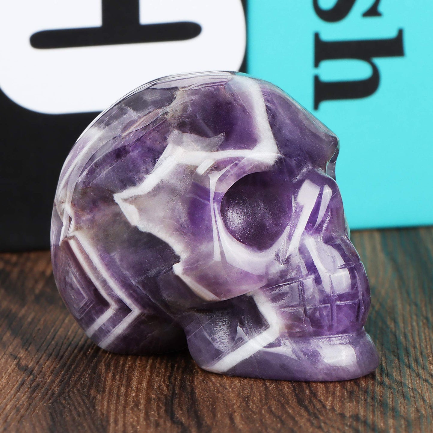 Artistone 2.0" Amethyst Crystal Skull Head Statue Halloween Home Decor Hand Carved Skull Crystal Figurine Purple Realistic Human Skull Model for Office,Kitchen Decoration
