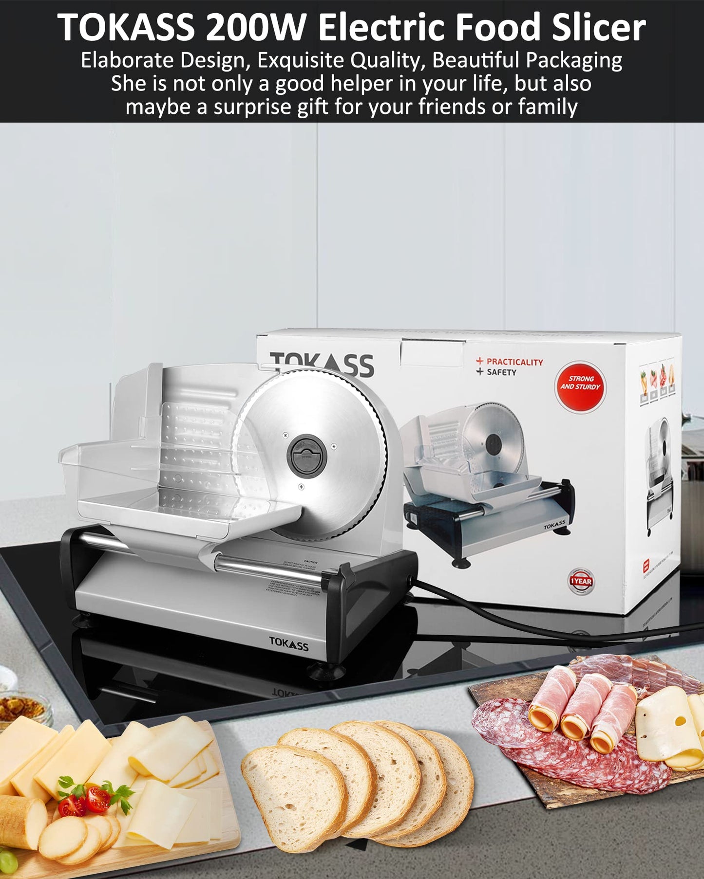 200W Meat Slicer Machine for Home Use,Deli Slicer with 2 Removable 7.5'' Stainless Steel Blades,Adjustable Dial for 0-15mm, Electric Food Slicer for Meat, Cheese, Bread,Child Lock,Easy to Clean,gift