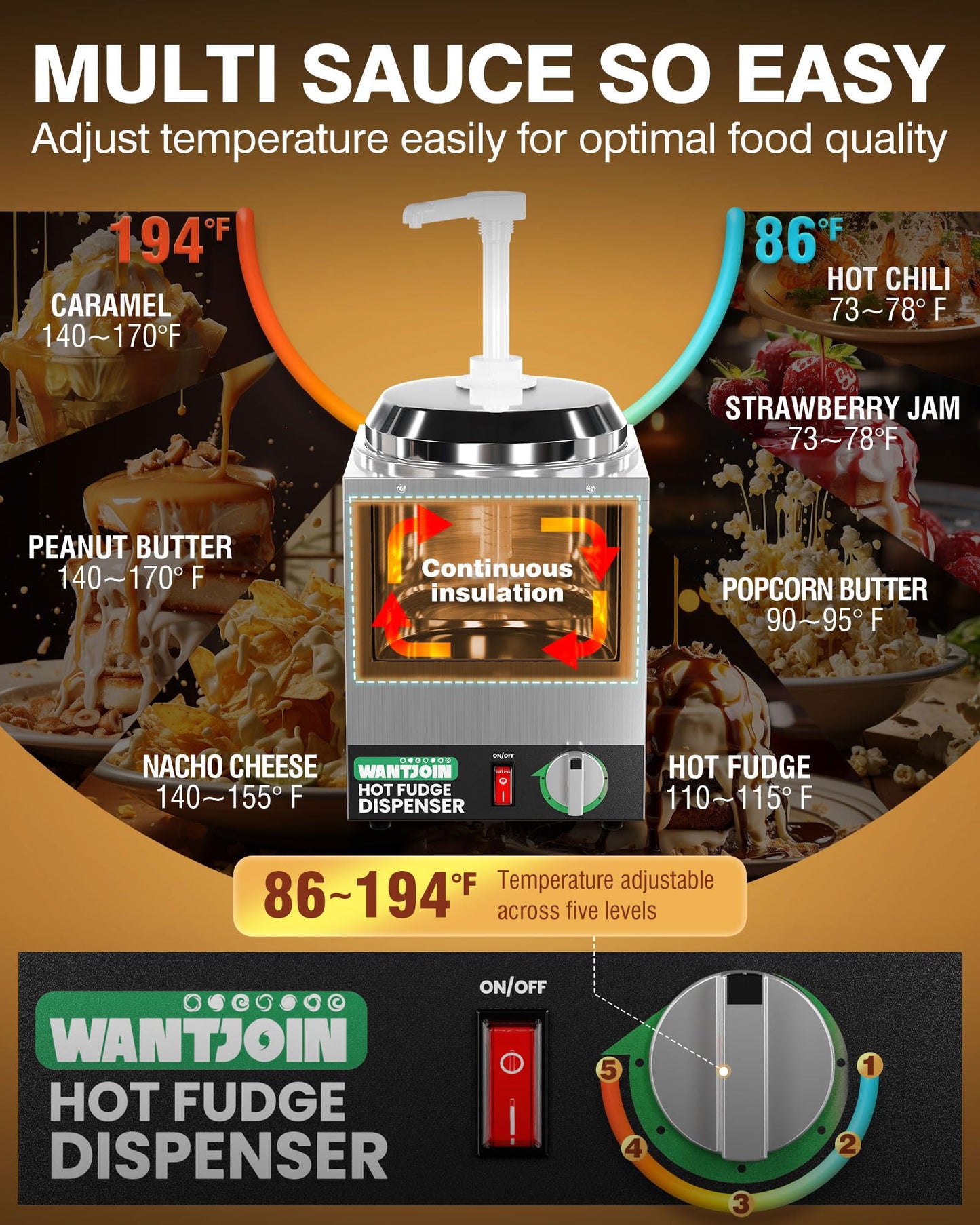 WantJoin Nacho Cheese Dispenser with Pump - 2.2Qt Nacho Cheese Warmer,Stainless Steel Hot Fudge Warmer W/5-Level Temperature Adjustment,Commercial Hot Fudge Dispenser for Hot Fudge Cheese Caramel