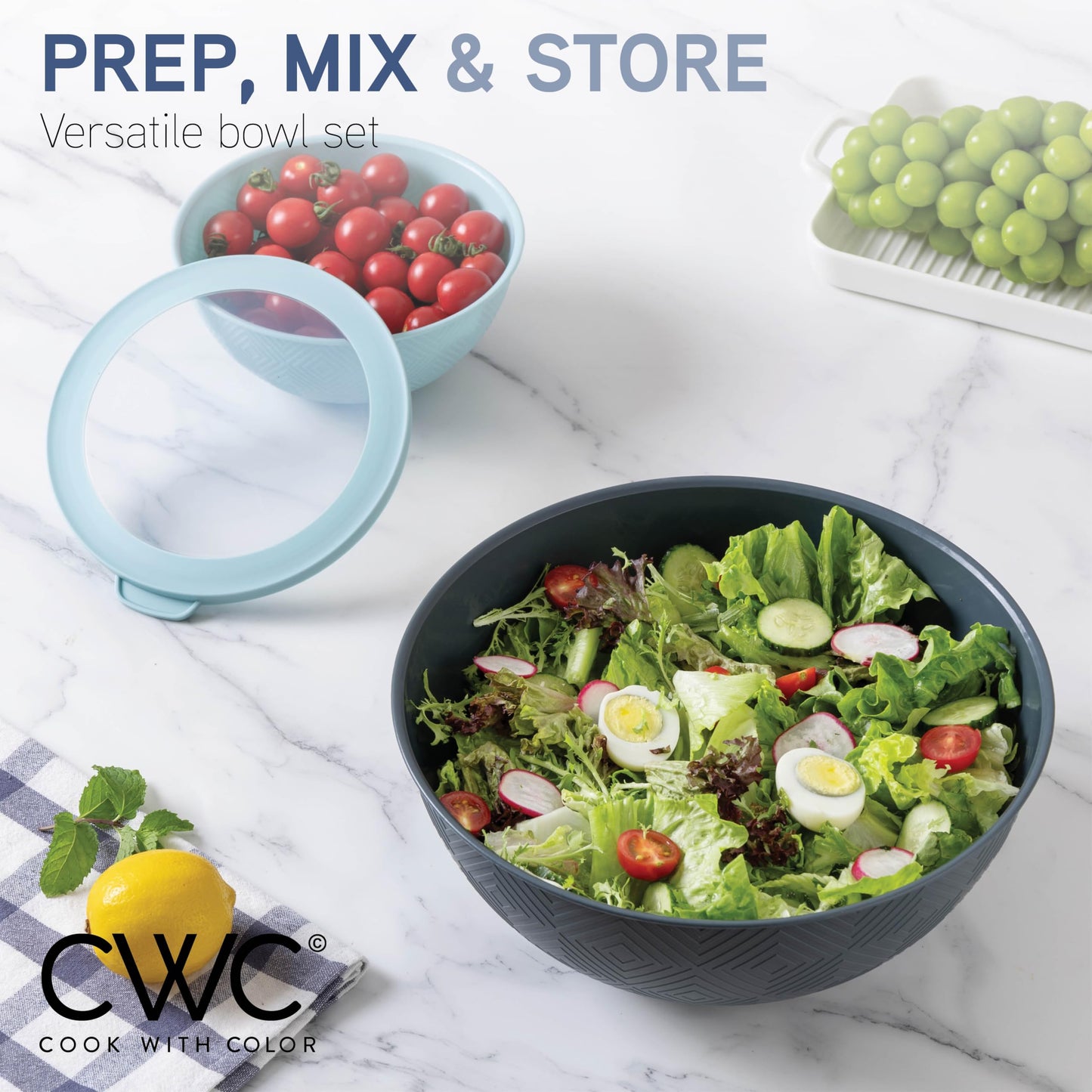 COOK WITH COLOR Mixing Bowls with Lids - 12 Piece Plastic Nesting Bowls Set includes 6 Prep Bowls and 6 Lids, Rhombus Design - Microwave Safe (Blue)
