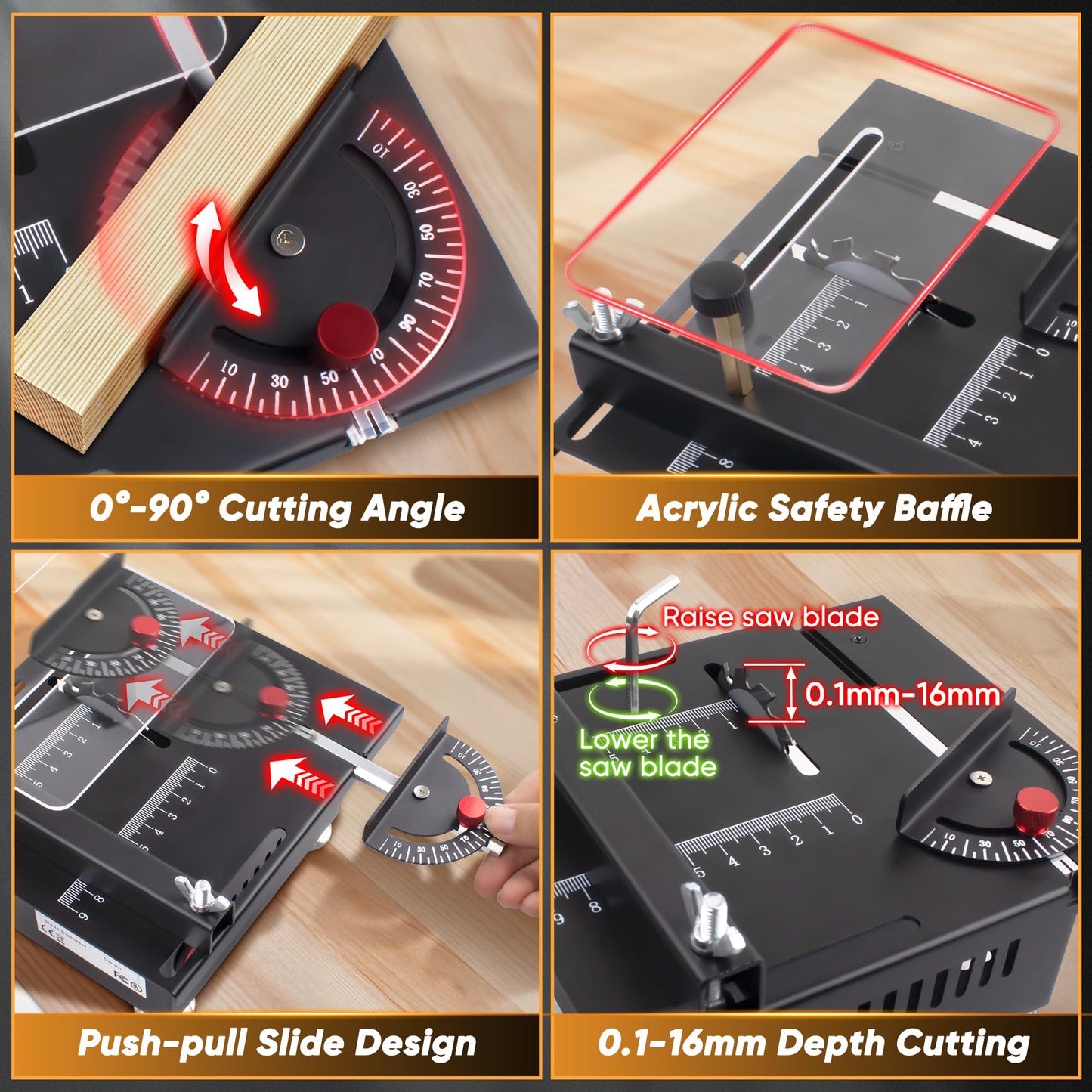 Mini Table Saw, Mini Multi-Functional Table Saw for Crafts, Speed & Angle Adjustable, Cutting | Sanding | Engraving | Drilling All-in-One Machine, for Wood/PCB/Acrylic/Plastic (Liftable & Dark Gray)