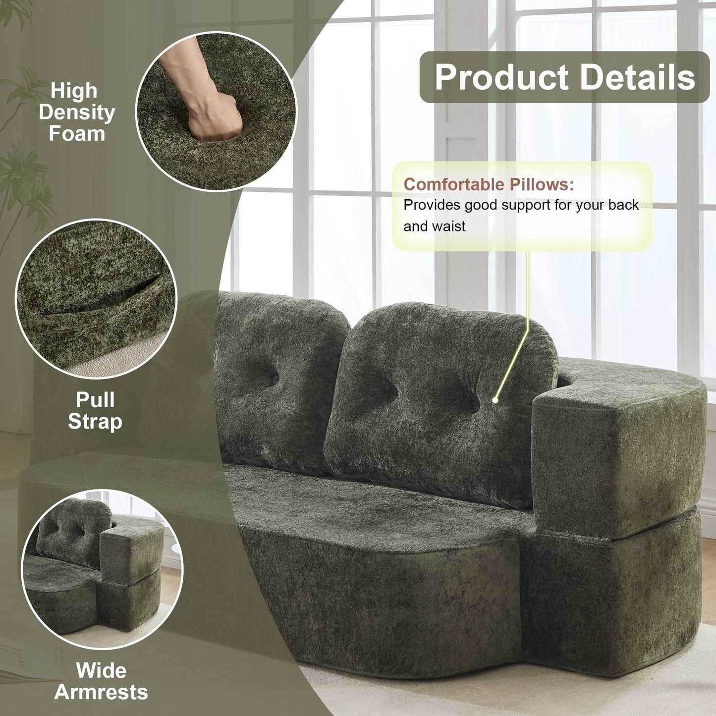 KIVENJAJA 78.7" Boneless Loveseat, Convertible Folding Sofa Bed Full Size with Pillows, Comfy Cloud Fold Out Couch, Foldable Sleeper Sofa Bed for Living Room, Small Spaces, Office, Apartment, Green
