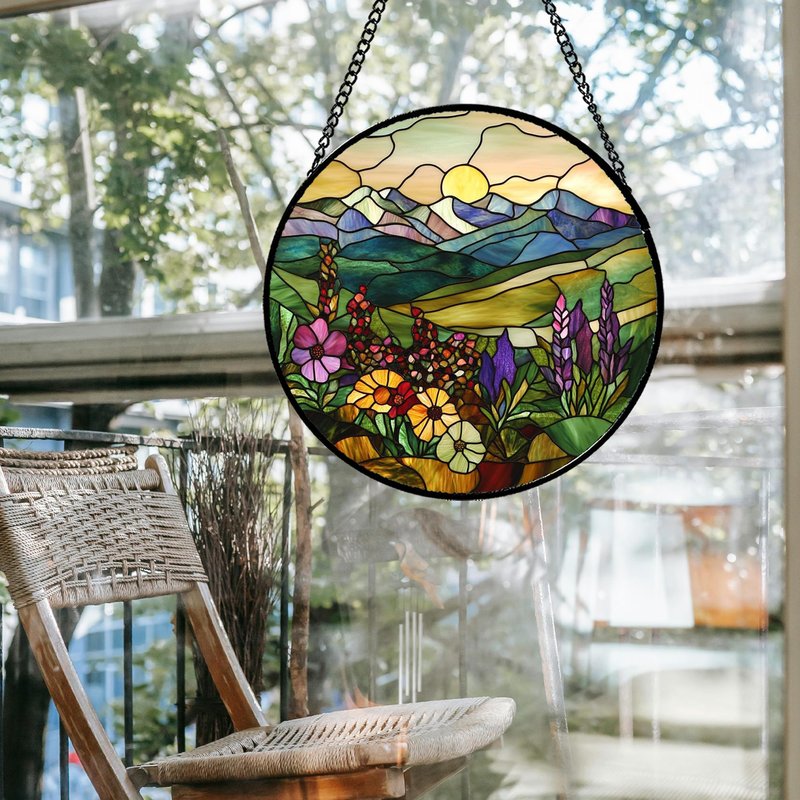 QZQCBLC Stained Glass Window Hanging Purple Wildflowers Pastoral Scenery 7.8" - Suncatcher Door Garden Sun Catcher Home Decor Birthday Christmas for Mom Men Woman Friend