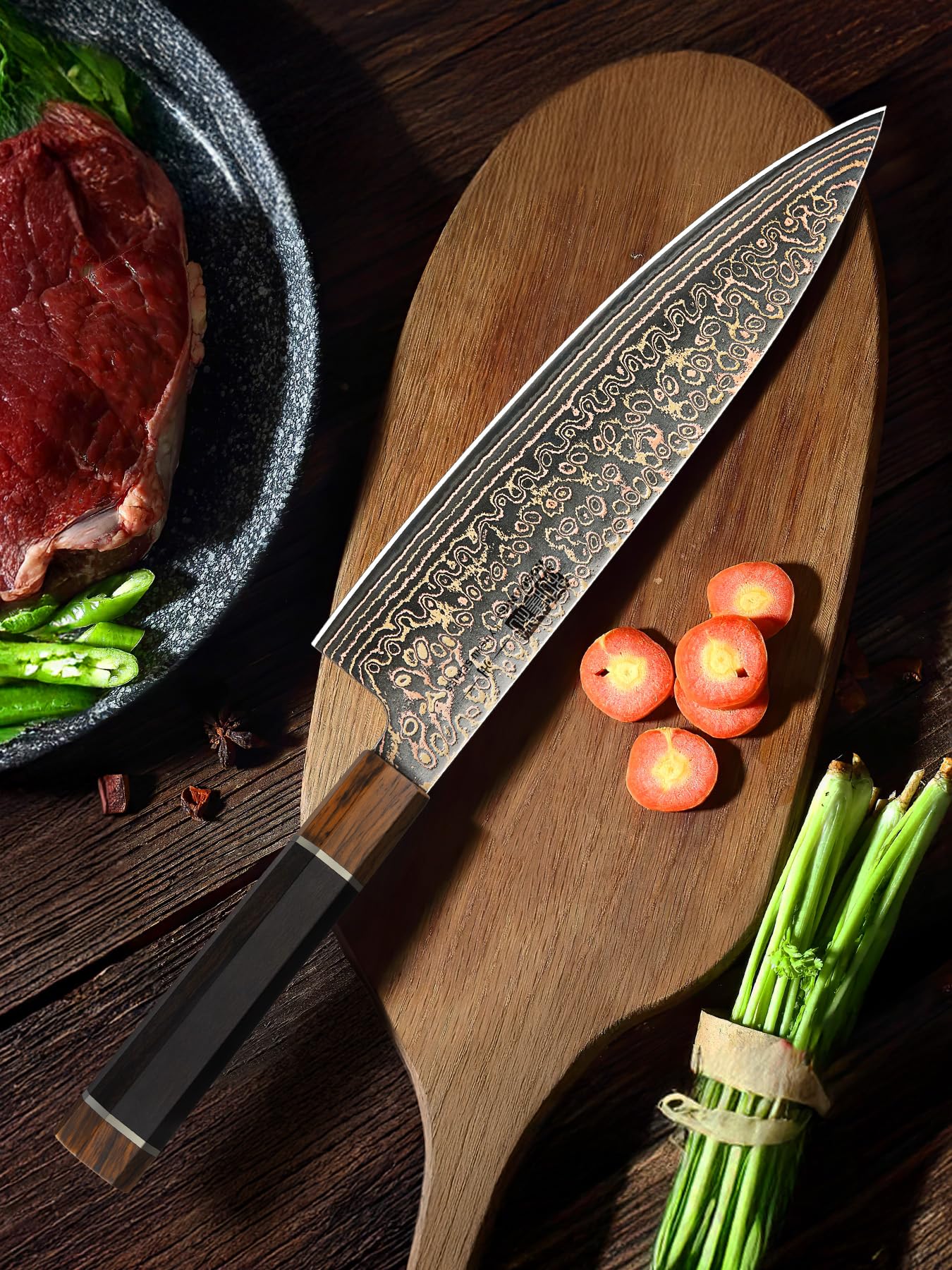 HOSHANHO Damascus Japanese Chef Knife 8 Inch, 33-Layer Copper & Damascus Steel Kitchen Knife, Ultra Sharp Professional Cooking Knives with Ergonomic Ebony Handle