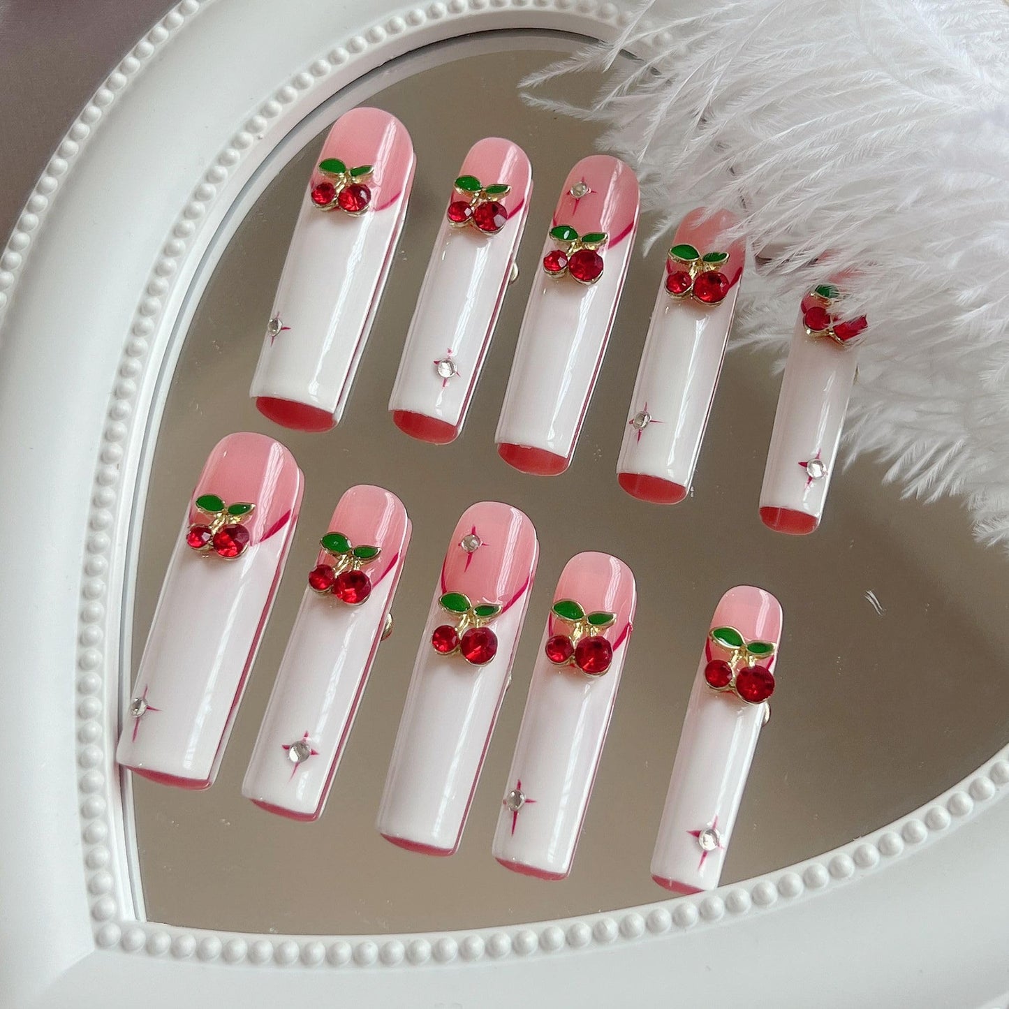 NAIL ANGEL 10PCS/SET Handmade Press On Nails Glitter Metal 3D Cherry Charms French Style Long Coffin Nails Party Nails XXL Long Artifical Tips ZJ-09 (ZJ09, M)