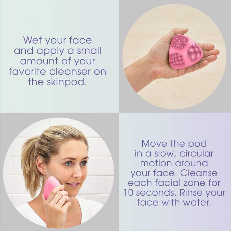 True Glow by Conair Skinpod Silicone Facial Cleansing Brush with 3 Brush Zones, Battery Operated