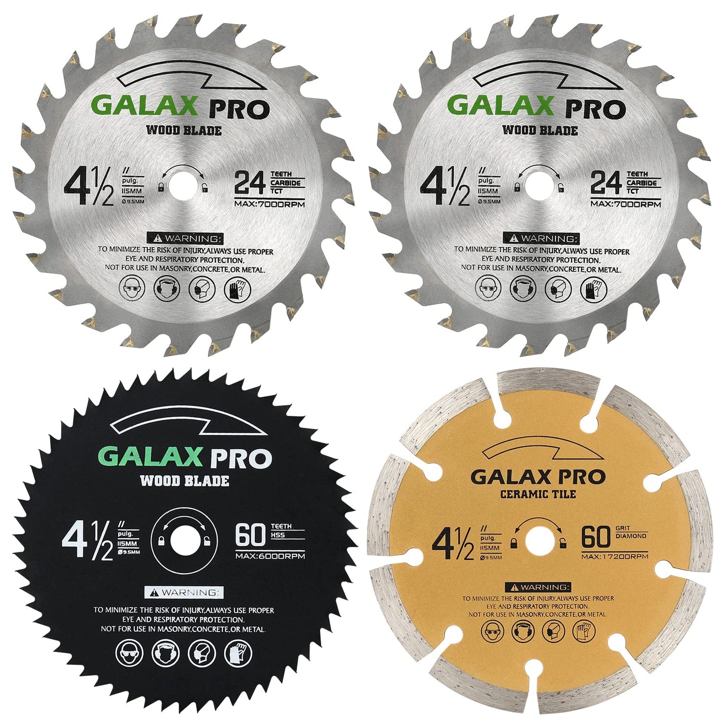 GALAX PRO Saw Blade Set, Pack of 4 Assorted 60T HSS Metal/24T TCT Wood/Diamond 4-1/2-Inch Circular Saw Blade with 3/8" Arbor for Fast Cutting…