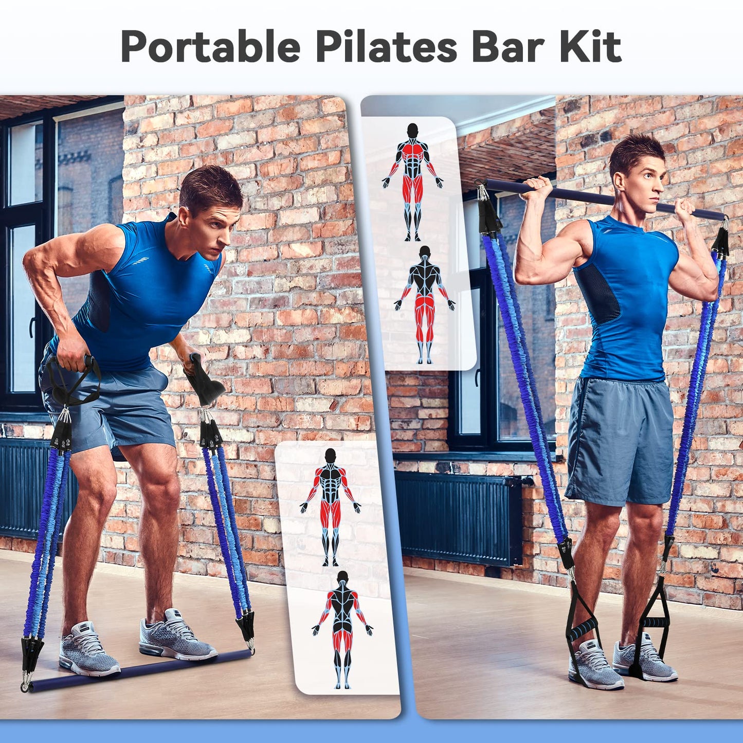 Hommie Portable Pilates Bar Kit with Resistance Bands for Men and Women，Upgraded 3 Section Pilates Bar with Resistance Bands (20/40/60lb) for Home Gym Equipment Supports Full-Body Workouts