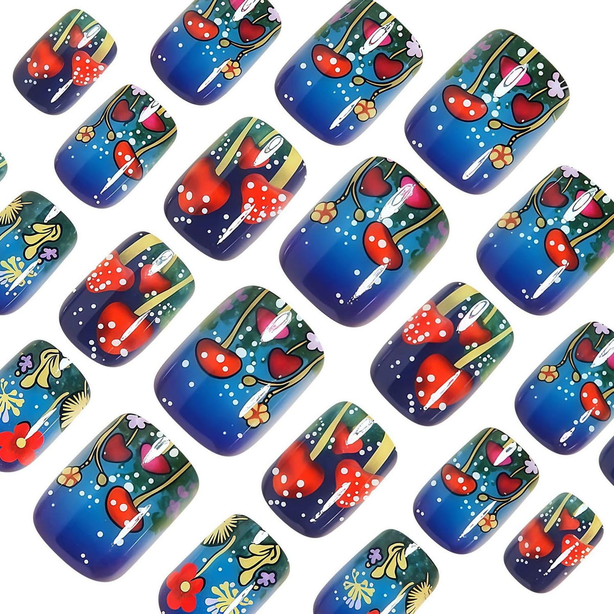 24pcs Short Square Press on Nail Spring Fake Nails with Colorful Mushrooms Flower designs Stick on Nail Glossy Cute Acrylic False Nails Full Cover Cartoon Reusable Glue on Nails for Women