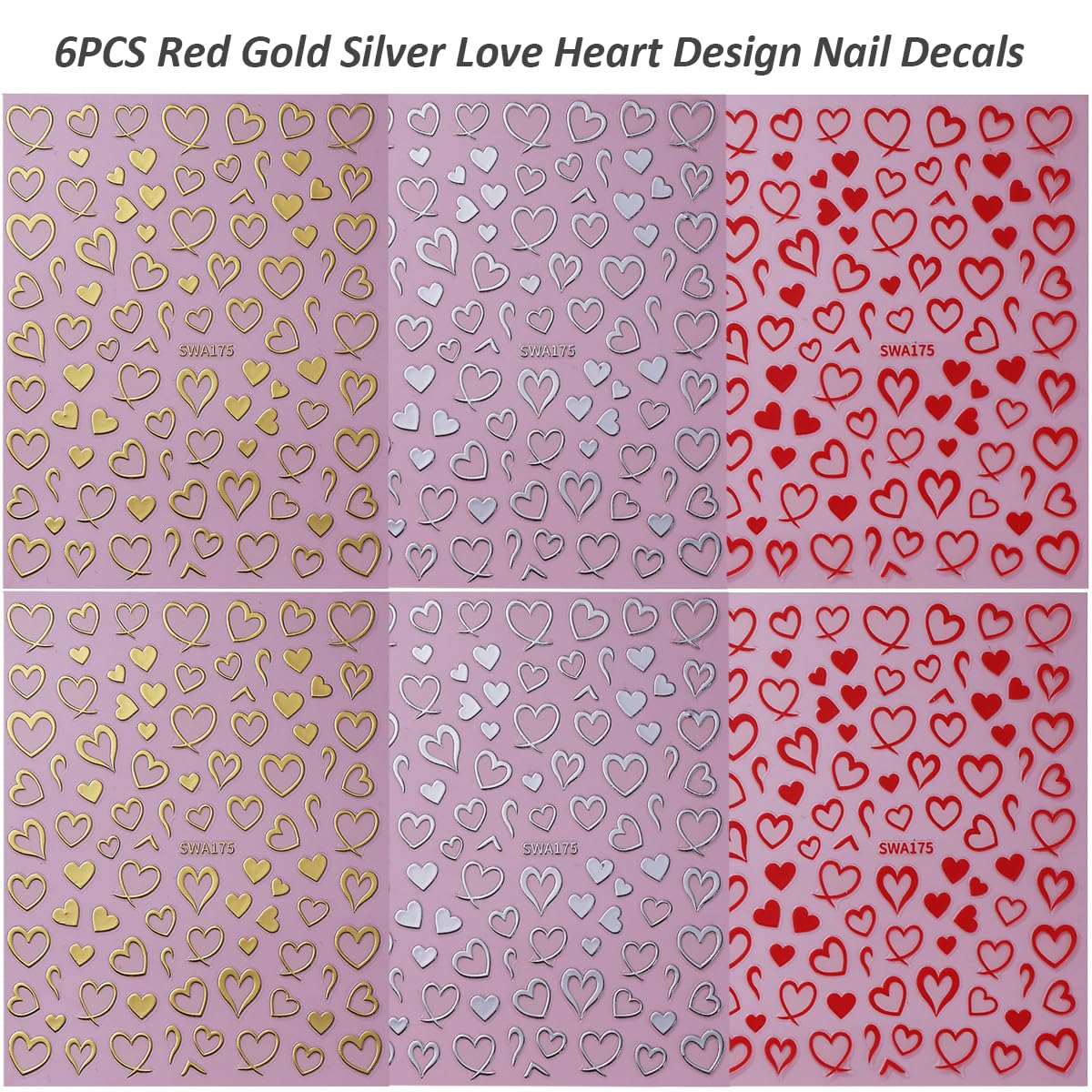 Heart Nail Art Stickers Valentine's Day Nail Decals 6PCS Empty Love Heart 3D Self-Adhesive Valentine Nail Art Decorations Supplies Red Silver Gold Heart Stickers for Nails Women Manicure Design