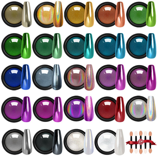 Gold Silver Chrome Nail Powder, 24 Colors White Pearl Unicorn Iridescent Holographic Nail Chrome Powder, Red Blue Green Black Purple Rose Gold Metallic Mirror Chrome Powder for Nails Glitter Pigment
