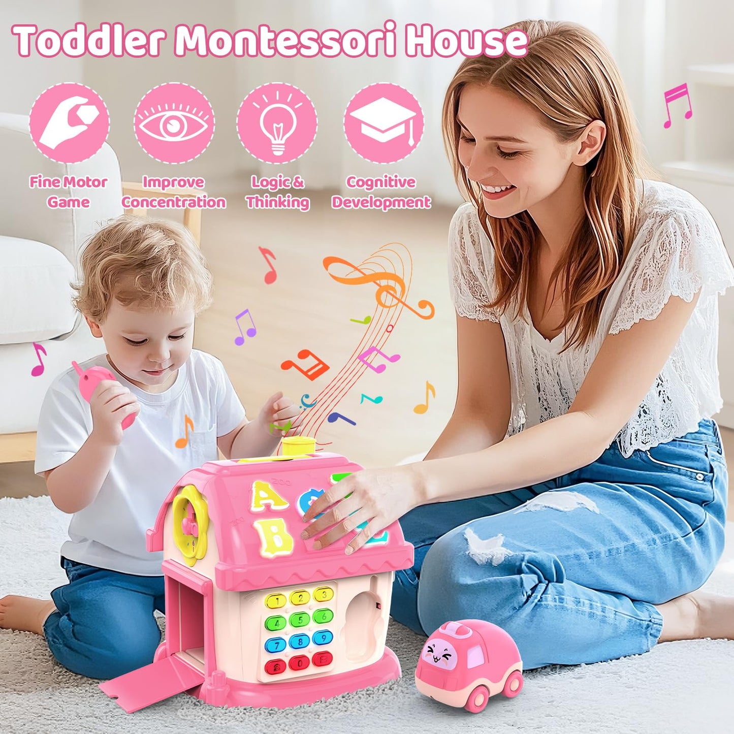 Fidecexv Toddler Toys for 1 Year Old Girl Gifts, 12-in-1 Montessori Musical House Toddler Learning Toys for 1-2, 1st First Birthday Gifts Baby Girl Boy Gift Toys 6-12 12-18 Months, Pink