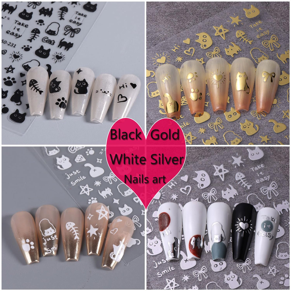Cat Nail Stickers - 8 Sheets Cute 3D Self Adhesive Gold Silver Black White Cat Design Decals for Kids, Girls, Women DIY Nail Decoration