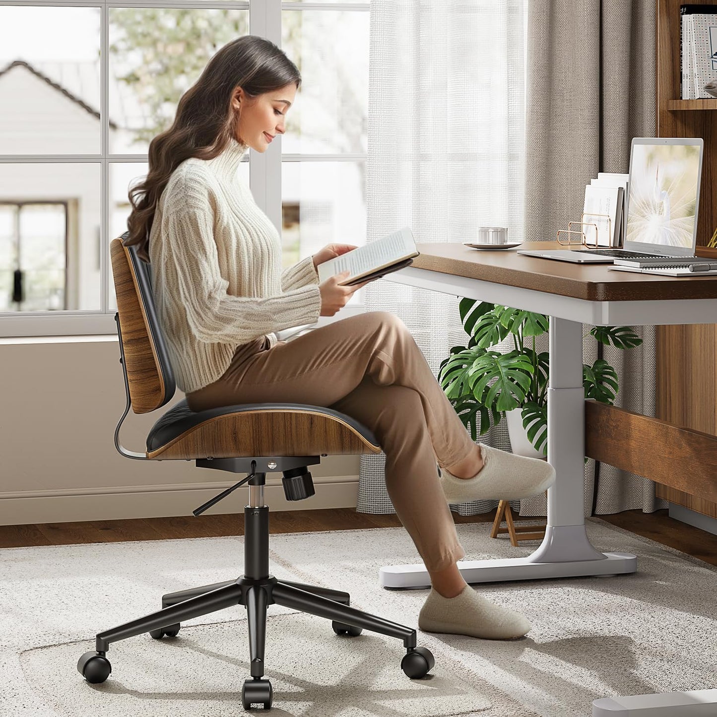 YaFiti Armless Office Chair, Mid Century Modern Desk Chair with Walnut Wood Back & SGS Level 3 Gas Lift, Swivel PU Leather Computer Chair for Small Space, Home Office, Bedroom, 300lbs Cap, Black