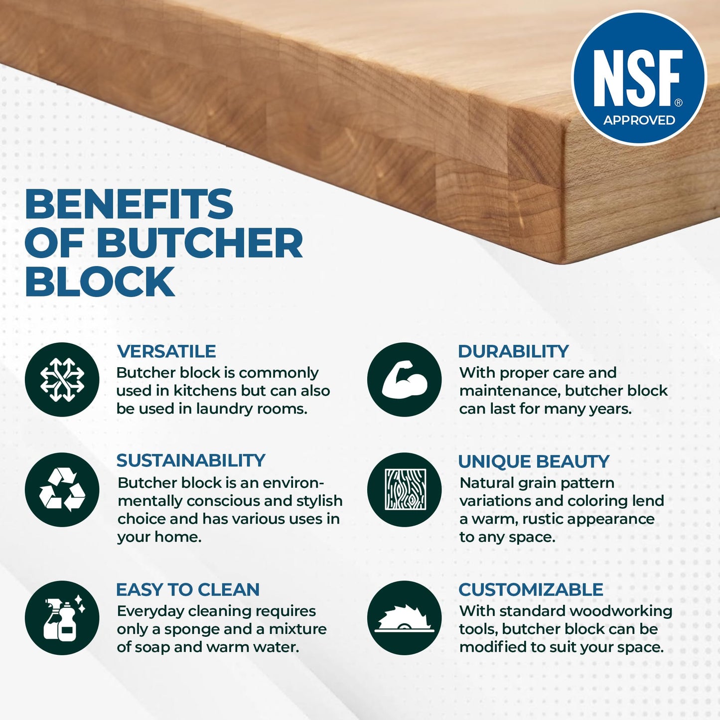 Express KitchQuip Solid Maple Butcher Block Countertop - 1.5” Thick Hardwood Work Surface for Kitchen, Workbench, Desk, Cart, or DIY Tabletop (48"L x 24"W)