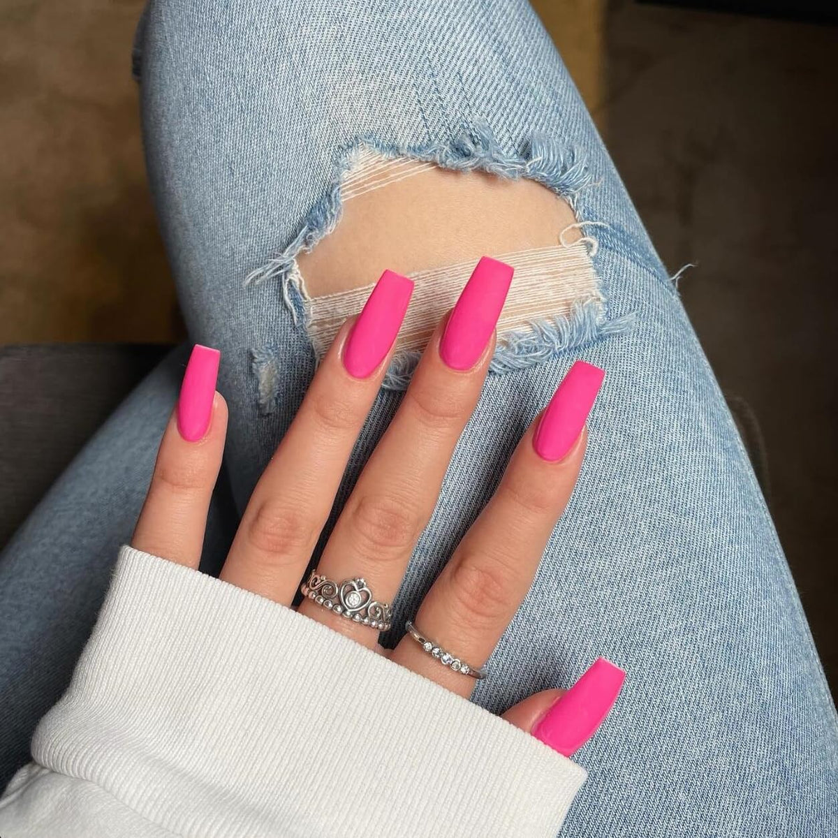 KQueenest Matte Neon Hot Pink Press on Nails Long Medium Square, Fake Nails Press ons, Glue on Nails Coffin For Women, Vibrant Gel Square Tip Nails, Acrylic Nails for Finger Decoration