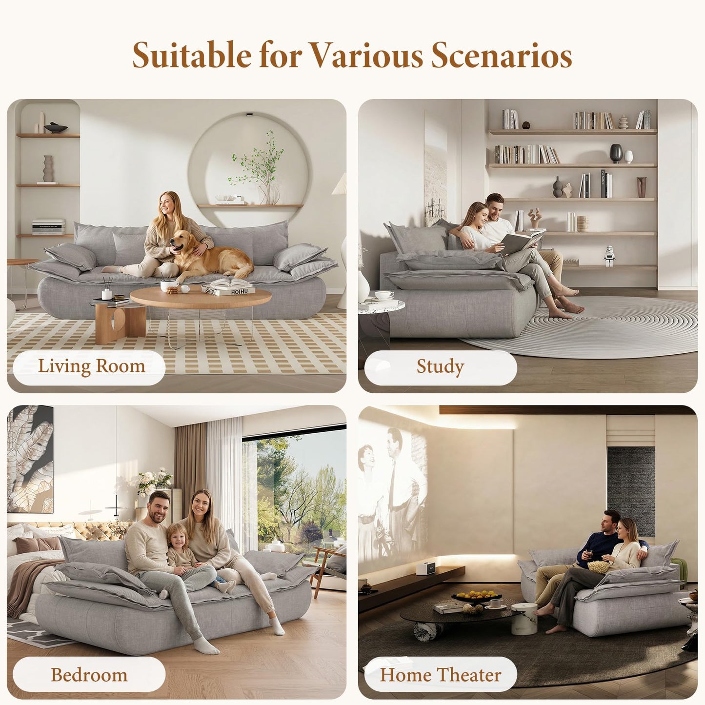 Vesgantti 86.6" Cloud Couch for Living Room, Modern 3 Seater Sailboat Sofa with Deep Seat, Comfy Chenille Upholstered Boneless Couch with Curved Armrest, No Assembly Required, Light Grey