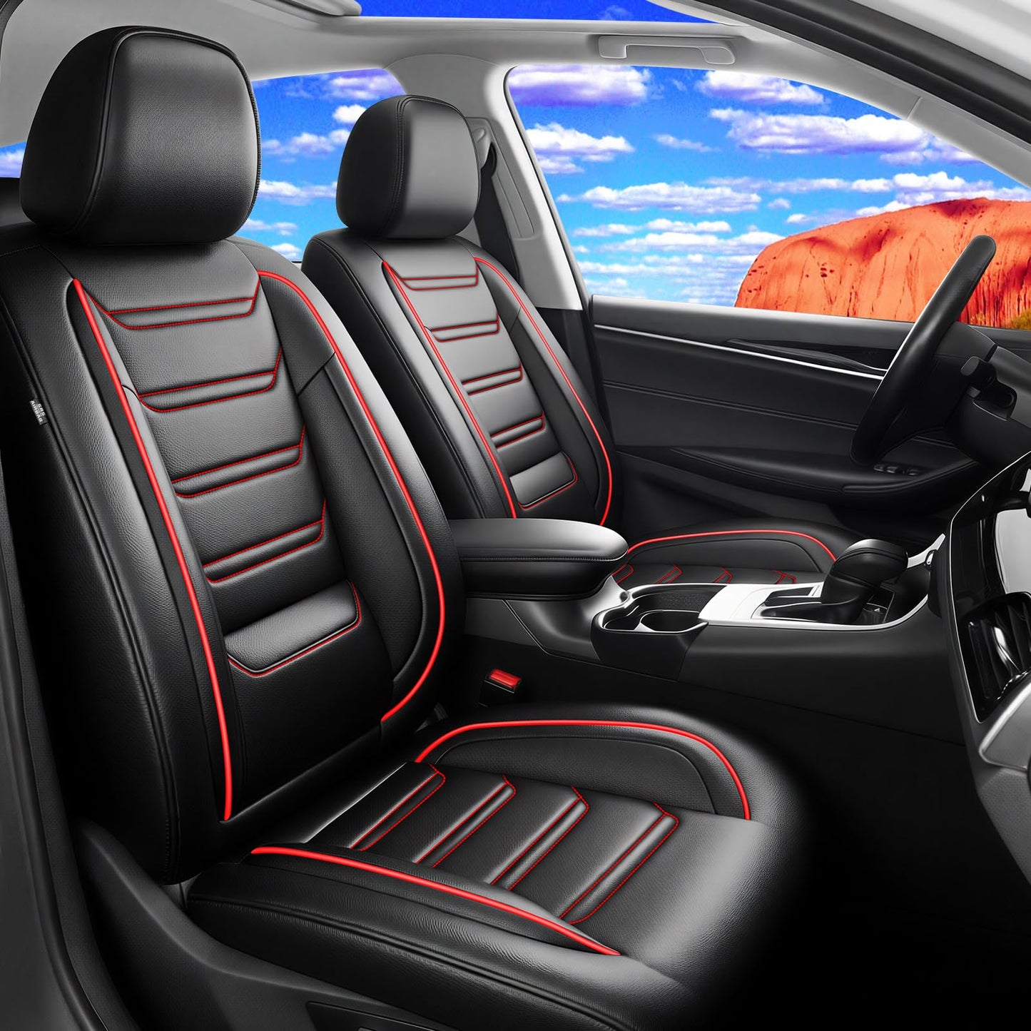 FiveFox Fit Trax Car Seat Covers for Chevrolet/Chevy Trax 2015-2026 - Luxury Full Coverage Leather, Waterproof & All Weather Breathable Seat Cushion Protector, Airbag Compatible, Full Set, Red Trim