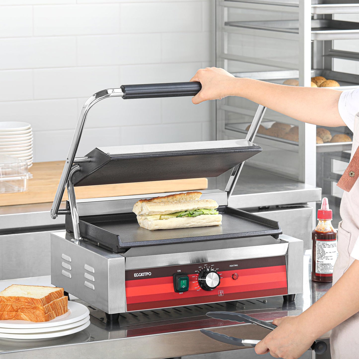 EGGKITPO Commercial Electric Panini Grill with Flat Plates Stainless Steel Sandwich Maker 14"× 9.5" Cast Iron Enamel Plate Countertop Panini Press with Temperature Control for Business 110V 1700W