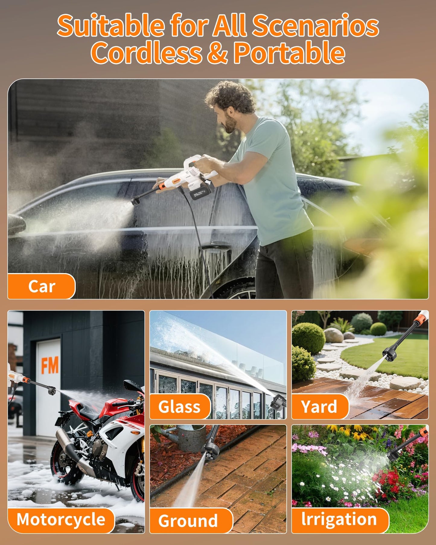 Cordless Pressure Washer Battery Powered; 1200PSI Cordless Power Washer with Brushless Motor, 4.0Ah Battery,6-in-1 Nozzle, 3 Power Level; Handheld Portable Pressure Washer Cordless (5022-WH3)
