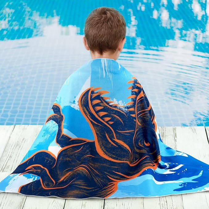 WERNNSAI Dinosaur Kids Beach Towel for Boys - 30” x 60” Quick Dry Sand-Free Swim Towels for Boys Super Soft Absorbent Towel, Pool Camping Travel Bath Towel for Outdoor Sports Picnic