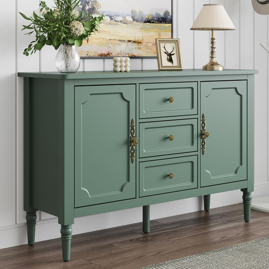FansaFurn Green Storage Cabinet, Mid-Century Buffet Cabinet with 2 Doors & 3 Drawers, Accent Sideboard Cabinet with Adjustable Shelves & Turned Legs, Great for Entryway, Living Room, Dining Room
