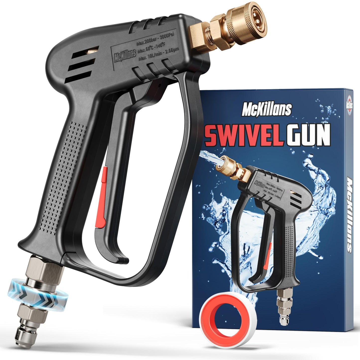 McKillansÂ® Short Pressure Washer Gun with Swivel - High Pressure Water Handle with 3/8" Male Plug and 1/4â Quick Connector Coupler - Power Washer Gun Compatible with Foam Cannon - Car Wash Foam Gun