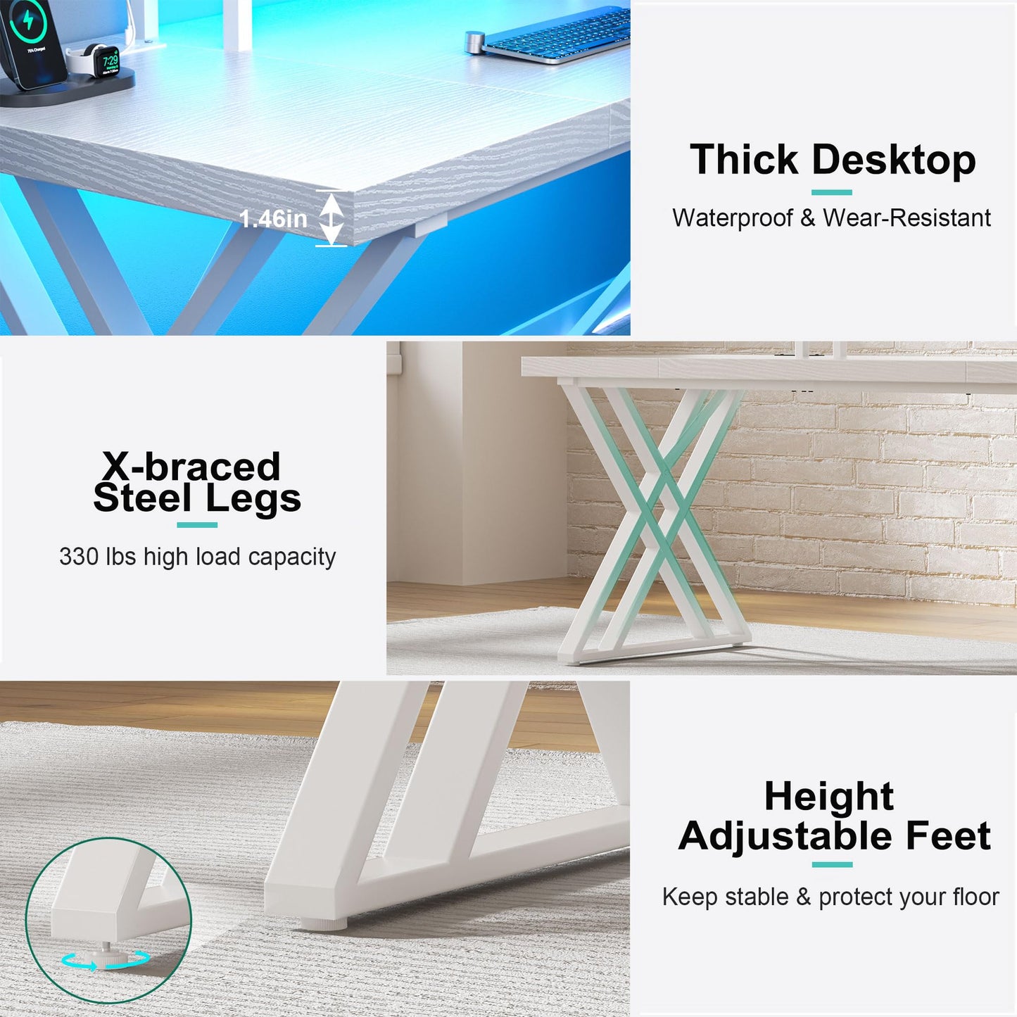 Dithoko 70.8 Inch Large Computer Desk with Power Outlet & LED Lights,Modern Home Office Desk with Ergonomic Monitor Stand,Extra Long Executive Office Writing Desk for Gaming, Work, Study, White