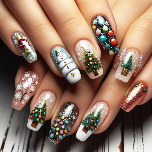 Christmas Press on Nails 24Pcs Glossy White Snowflake Acrylic Fake Nail Xmas Bell Medium Coffin False Nails Christmas Tree Stick on Fingernails Snowman Gel Glue on Nail for Women Xmas Gift