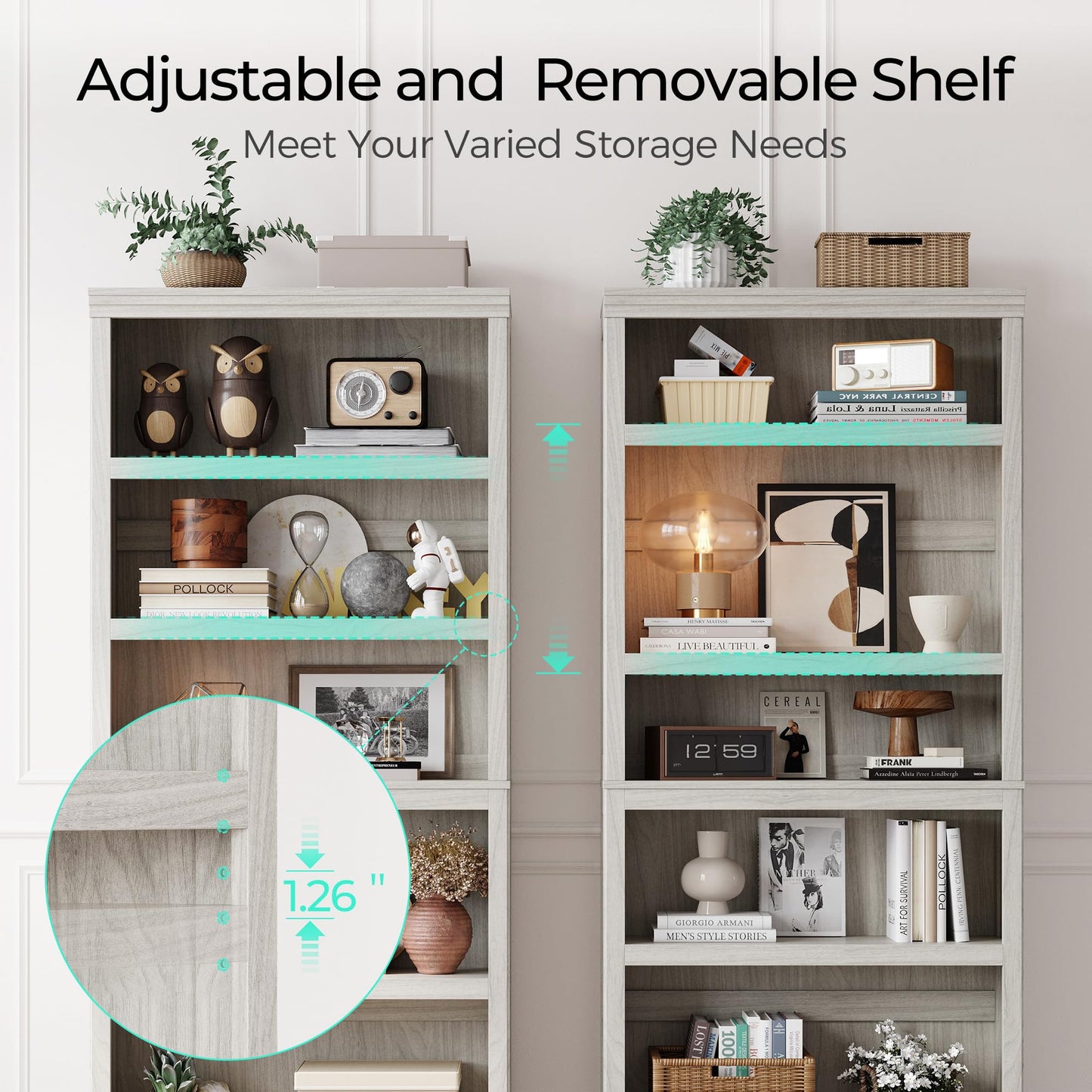 LINSY HOME 5-Shelf Bookcase, Bookshelves Floor Standing Display Storage Shelves 68 in Tall Bookcase Home Decor Furniture for Home Office, Living Room, Bed Room - White Oak