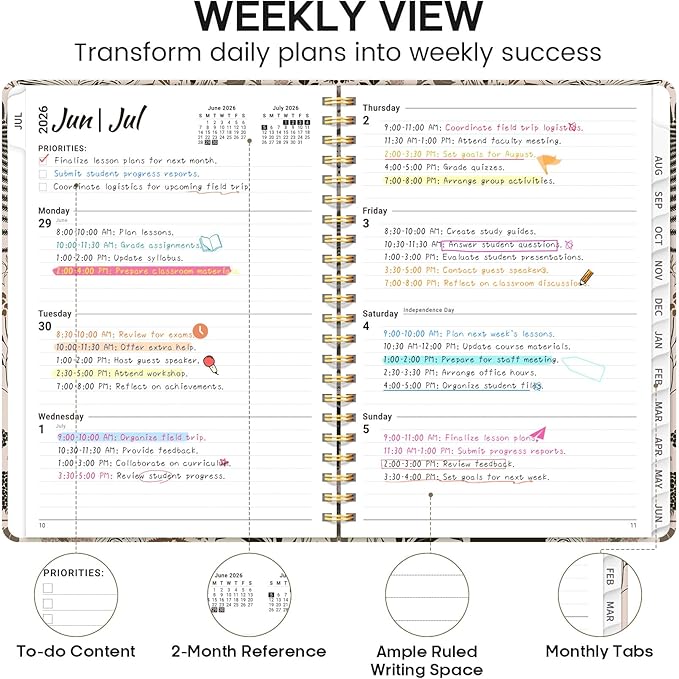Academic Planner 2026-2027, Weekly and Monthly Calendar Book, July 2026 – June 2027, Hardcover Planner with Tabs, Perfect for Teachers, Students, Women & Men, A5 (6.4" x 8.5") - Owl