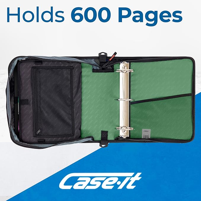 Case-it Mighty Zip Tab School Zipper Binder | 3-Inch O-Rings, 600-Sheet Capacity, 5-Subject Expanding File Folder, Multiple Pockets & Storage Organizer, Shoulder Strap | D-146 Canopy Green (Pack of 6)