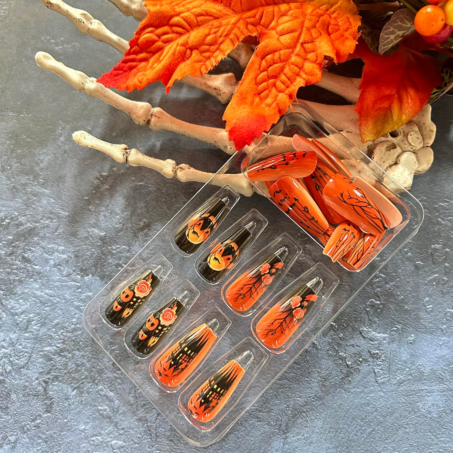 Halloween Press on Nails Long Ballet Shaped Bat Pumpkin False Nails Full Cover Artificial Acrylic Fingernails Castle Flower Design Halloween Nail Glossy Festivla Glue on Nails for Women Supplies